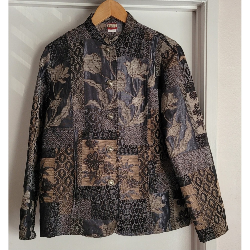 Vintage‎ Tudor Court by Haband Jacket M Floral Patchwork Black Tan Brocade